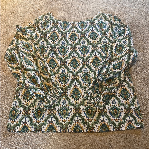 Talbots Floral Lattice Cotton Print Blouse Green Metallic Gold Size LARGE 2023 - Picture 10 of 11